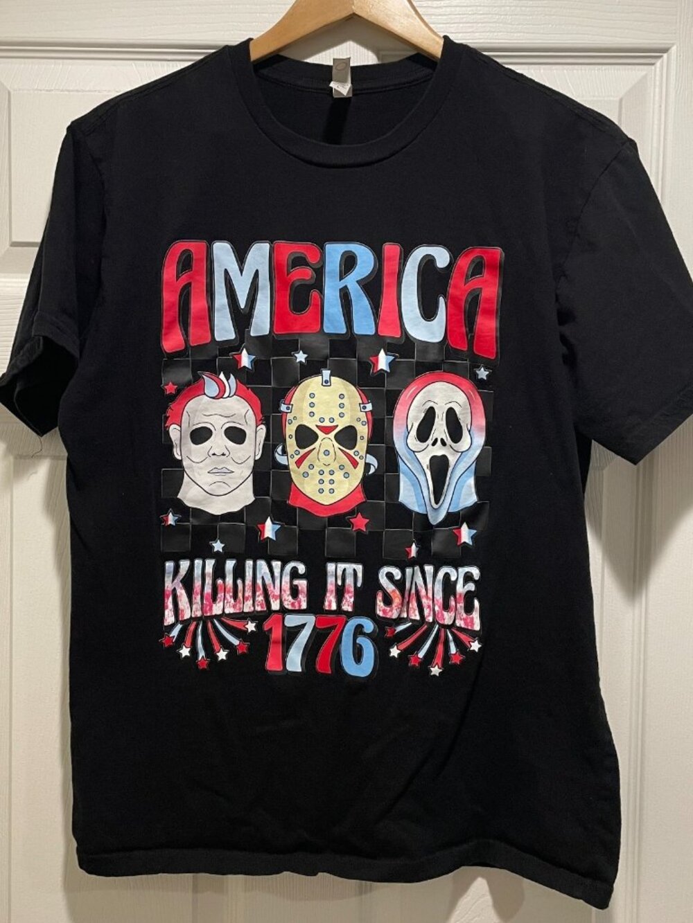 America Killing It Since 1776 Graphic T-Shirt Size L Black July 4th Horror Tee